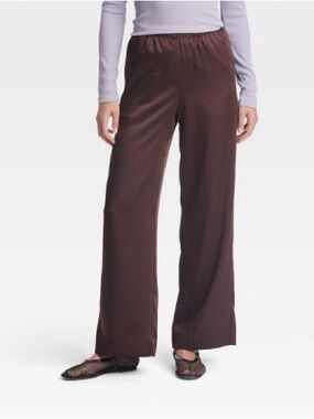Women's Mid-Rise Straight Leg Satin Pull-On Pants - A New Day™ Brown M Short